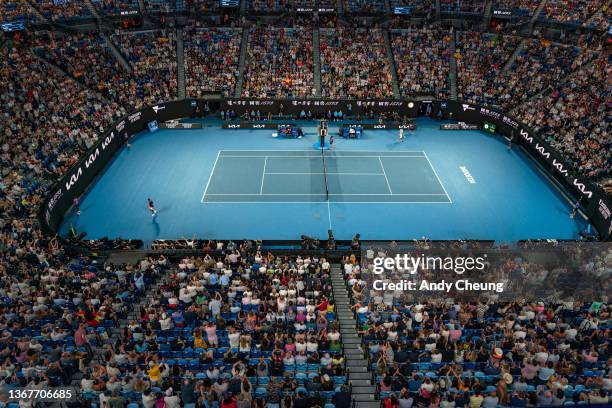 Fans cheer during the Men's Singles Final match between Rafael Nadal of Spain and Daniil Medvedev of Russia during day 14 of the 2022 Australian Open...