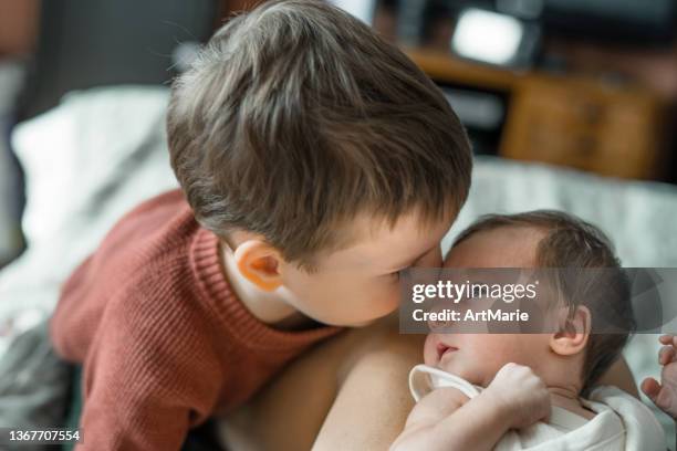 little boy meeting his cute baby sister - brother stock pictures, royalty-free photos & images