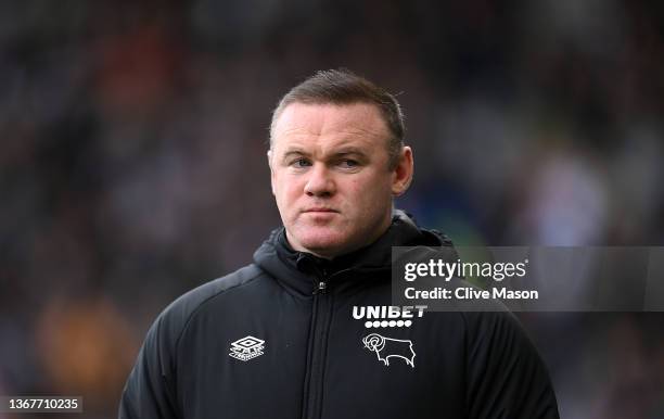 Manager of Derby County, Wayne Rooney looks on during the Sky Bet Championship match between Derby County and Birmingham City at Pride Park Stadium...