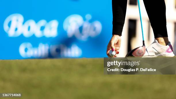 Charley Hull of England places her ball on the 1st tee during the final round of the 2022 Gainbridge LPGA at Boca Rio Golf Club on January 30, 2022...