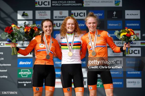 Silver medalists Shirin Van Anrooij of Netherlands, gold medalists Puck Pieterse of Netherlands, and bronze medalists Fem Van Empel of Netherlands,...