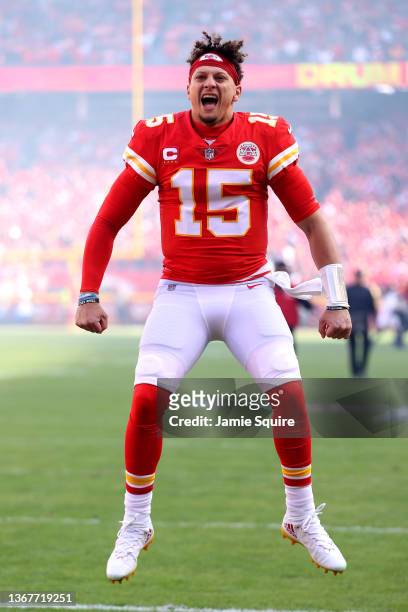 Quarterback Patrick Mahomes of the Kansas City Chiefs fires up the crowd after the team was introduced before in the AFC Championship Game at...
