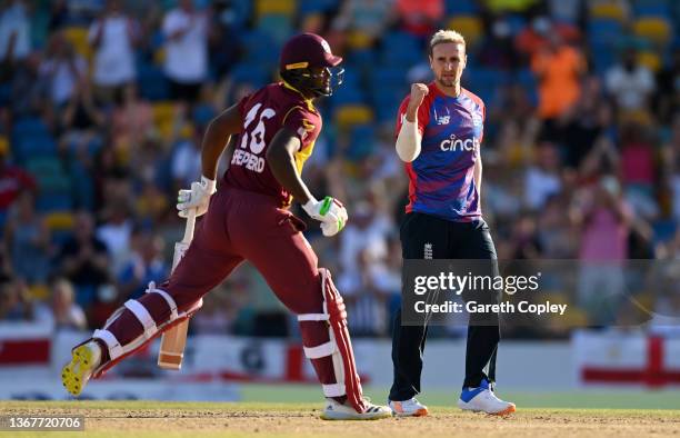 Liam Livingston of England celebrates dismissing Romario Shepherd of the West Indies during the 5th T20 International match between West Indies and...