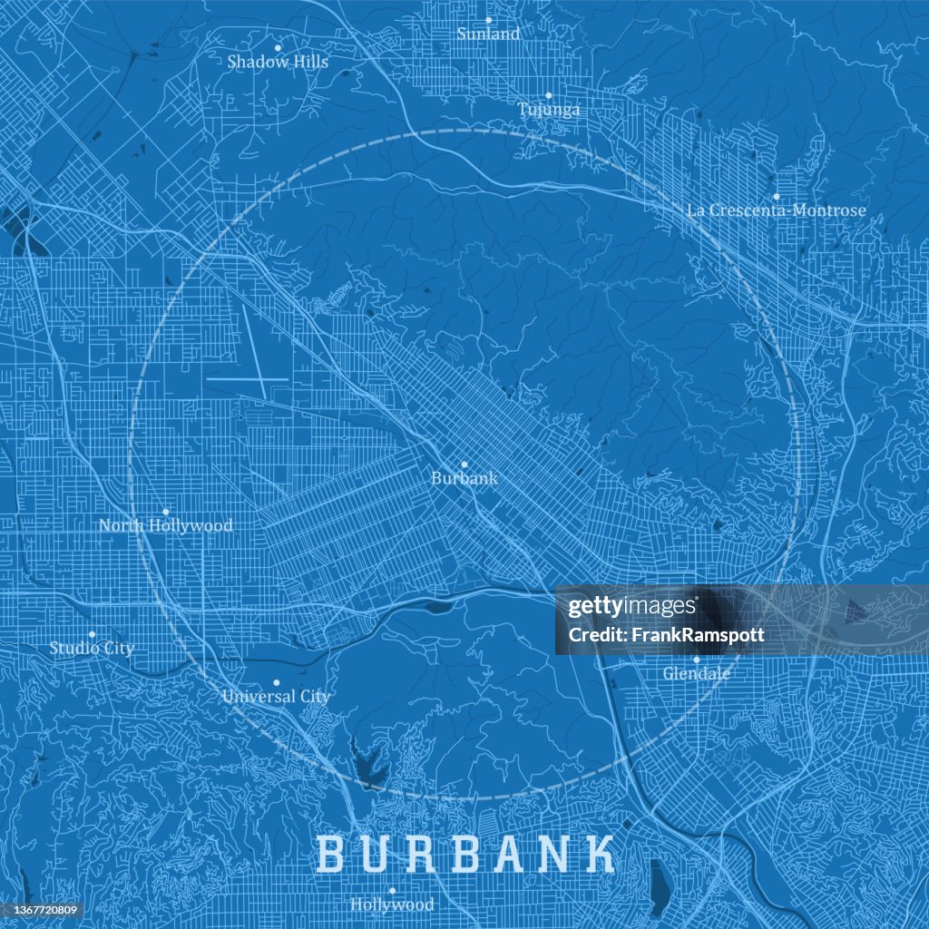 Burbank CA City Vector Road Map Blue Text
