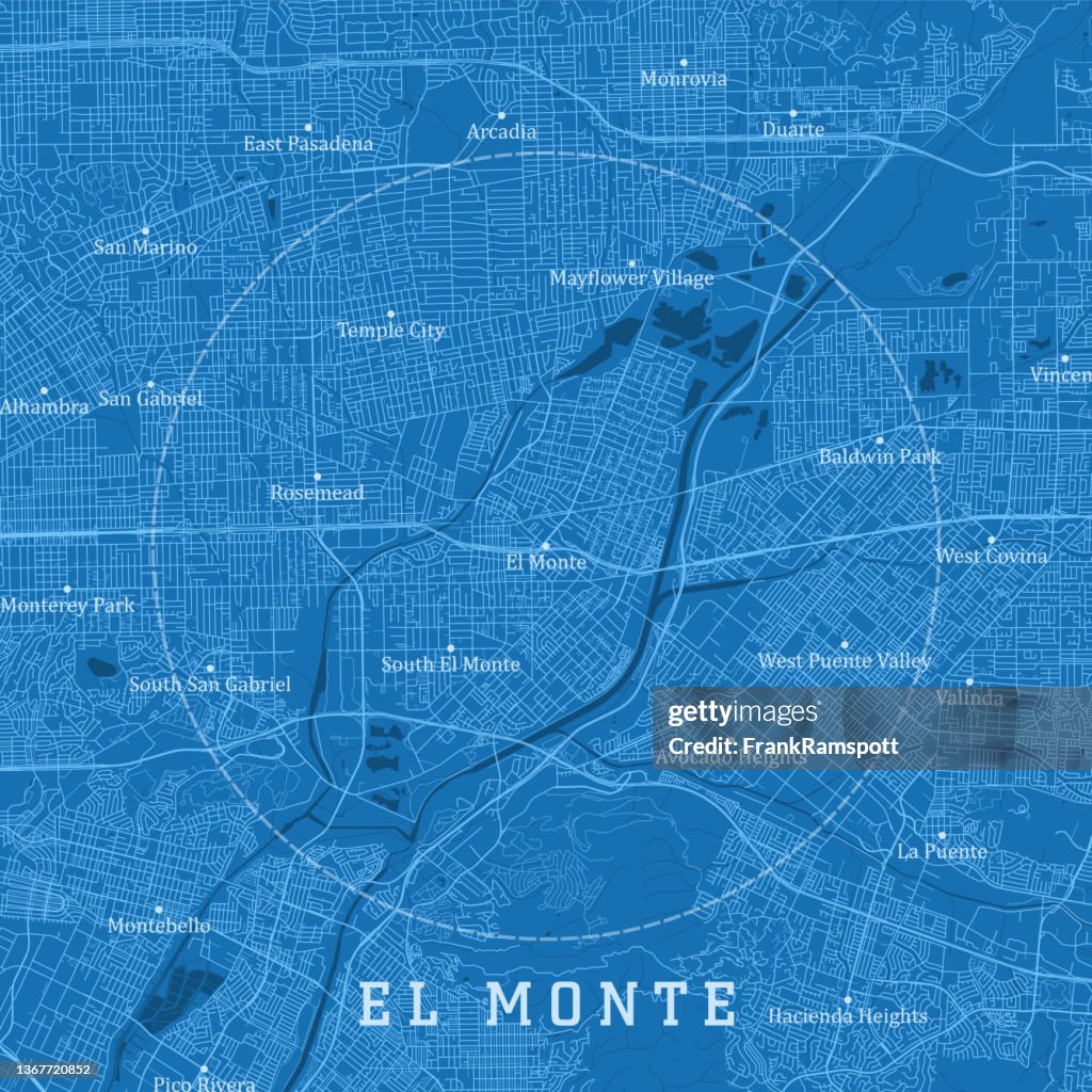 El Monte CA City Vector Road Map Blue Text