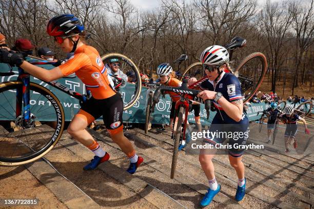 Shirin Van Anrooij of Netherlands and Amandine Fouquenet of France competes compete during the 73rd UCI Cyclo-Cross World Championships Fayetteville...