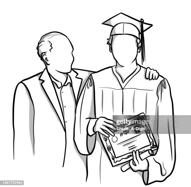 abschlussfeier mit stolzer vaterlinie - graduierten talar stock-grafiken, -clipart, -cartoons und -symbole