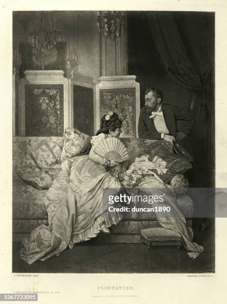 bildbanksillustrationer, clip art samt tecknat material och ikoner med young woman flirting with a man, fan, flirtatious, french, victorian art 19th century - flirting