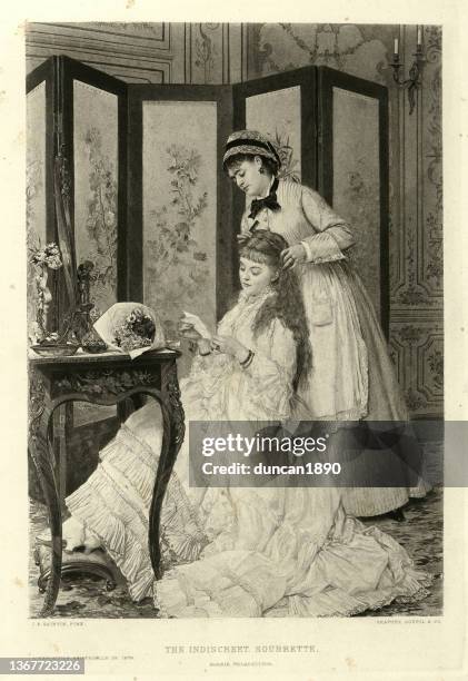 bildbanksillustrationer, clip art samt tecknat material och ikoner med woman reading a love letter in front of her maid, indiscreet soubrette, victorian 19th century - nosy woman