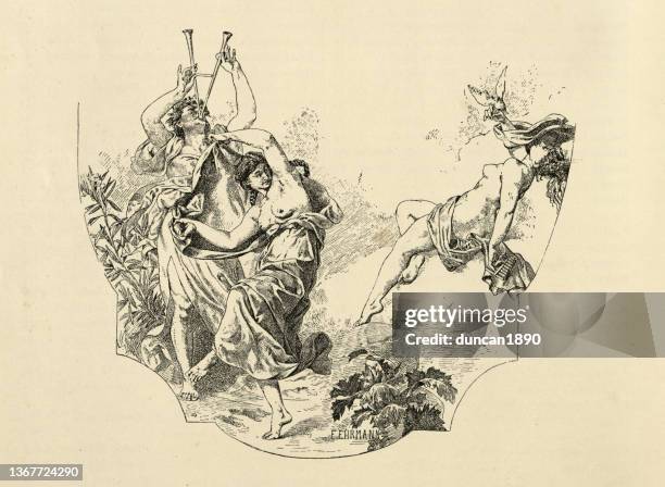 illustrations, cliparts, dessins animés et icônes de danse des ménades, adeptes féminines de dionysos dans la mythologie grecque - bacchus