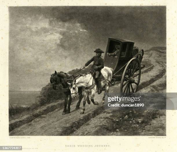 carriage driving down rough road, their wedding journey by jean-richard goubie, victorian - horse carriage stock illustrations