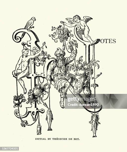 capital letter n, notes, initial, design, angels, bounty, victorian 19th century style - letter n stock illustrations