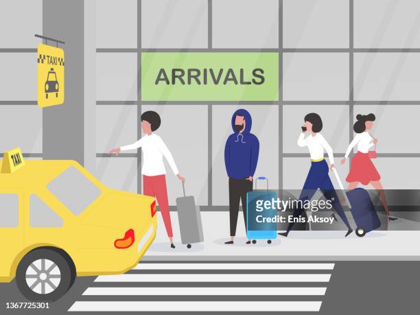 ilustrações de stock, clip art, desenhos animados e ícones de people waiting for cab with baggage, standing outdoors. - taxi