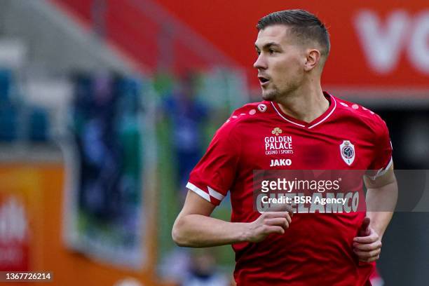 Bjorn Engels of Royal Antwerp FC during the Jupiler Pro League match between KAA Gent and Royal Antwerp FC at Ghelamco Arena on January 30, 2022 in...