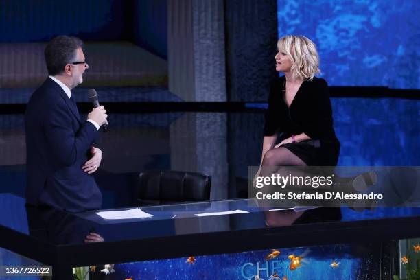 Fabio Fazio and Luciana Littizzetto attend the Rai tv show "Che Tempo Che Fa" at Rai Milan Studios on January 30, 2022 in Milan, Italy.