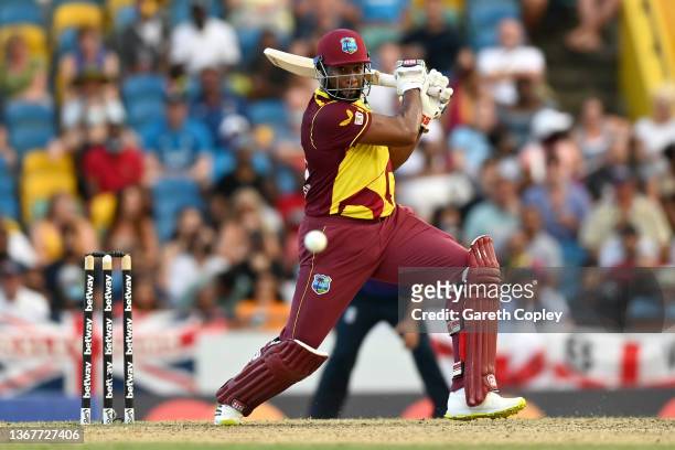 Kieron Pollard of the West Indies bats during the 5th T20 International match between West Indies and England at Kensington Oval on January 30, 2022...