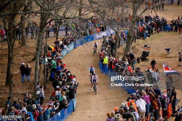 General view of Thomas Pidcock of The United Kingdom and Michael Vanthourenhout of Belgium compete on the circuit while fans cheer during the 73rd...