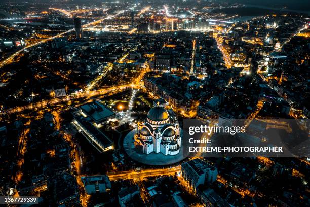 aerial photograph of the church of saint sava in belgrade - belgrade serbia stock pictures, royalty-free photos & images