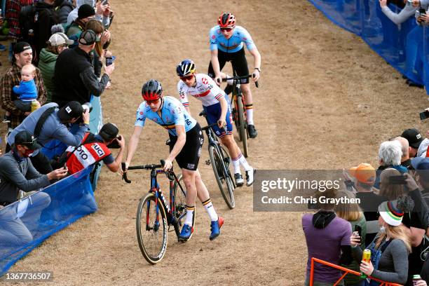 General view of Toon Vandebosch of Belgium, Thomas Pidcock of The United Kingdom and Toon Aerts of Belgium compete while fans cheer during the 73rd...