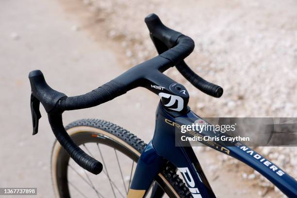 Detailed view of handlebar of Thomas Pidcock of The United Kingdom Pinarello bike during the 73rd UCI Cyclo-Cross World Championships Fayetteville...