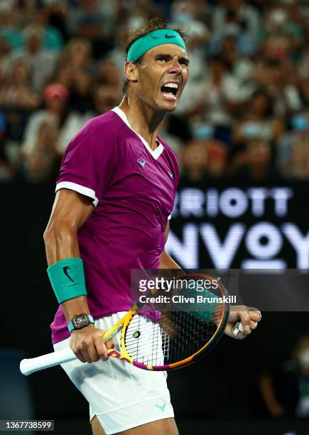 Rafael Nadal of Spain celebrates a point during his five set victory in his Men’s Singles Final match against Daniil Medvedev of Russia during day...