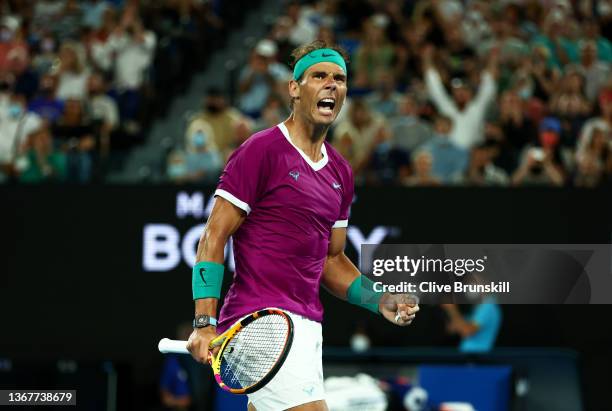 Rafael Nadal of Spain celebrates a poin during his five set victory in his Men’s Singles Final match against Daniil Medvedev of Russia during day...