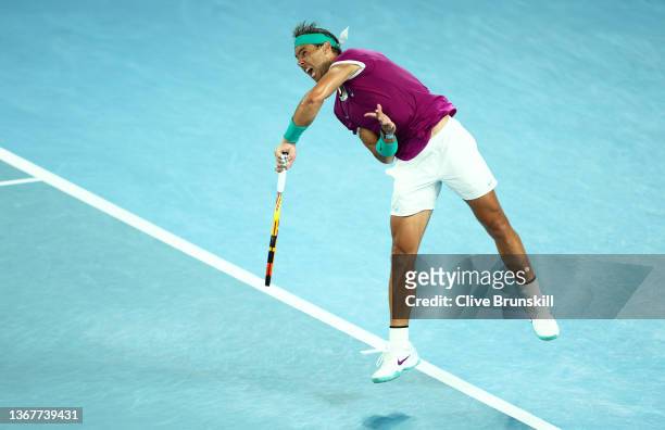 Rafael Nadal of Spain serves during his five set victory in his Men’s Singles Final match against Daniil Medvedev of Russia during day fourteen of...