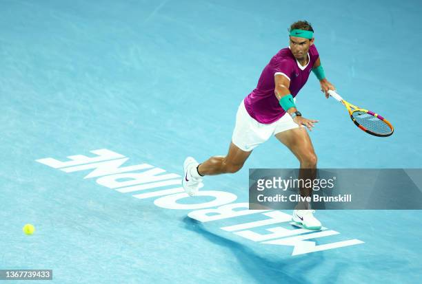 Rafael Nadal of Spain plays a forehand during his five set victory in his Men’s Singles Final match against Daniil Medvedev of Russia during day...