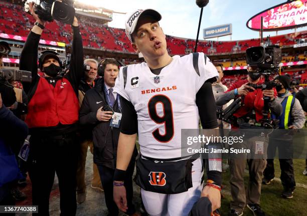 Quarterback Joe Burrow of the Cincinnati Bengals reacts following the Bengals 27-24 overtime win against the Kansas City Chiefs in the AFC...