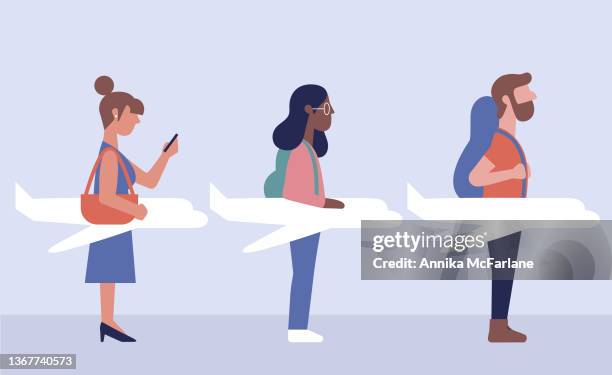 stockillustraties, clipart, cartoons en iconen met young women and man wait in line to board airplane to travel - milleniumgeneratie