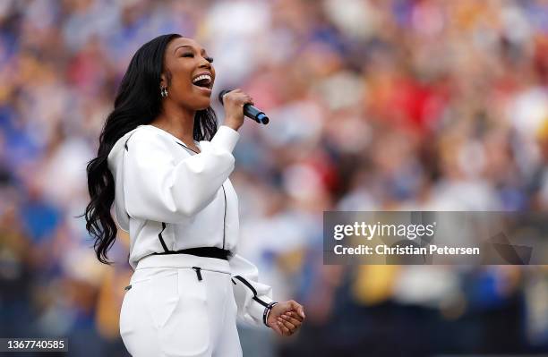 Singer Brandy performs the national anthem before the NFC Championship Game between the Los Angeles Rams and the San Francisco 49ers at SoFi Stadium...
