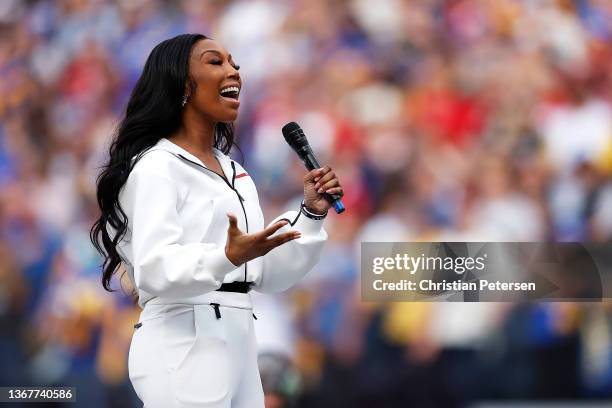 Singer Brandy performs the national anthem before the NFC Championship Game between the Los Angeles Rams and the San Francisco 49ers at SoFi Stadium...