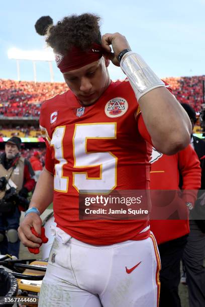 Quarterback Patrick Mahomes of the Kansas City Chiefs walks off the field following the Chiefs 27-24 loss to the Cincinnati Bengals in the AFC...