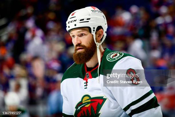 Jordie Benn of the Minnesota Wild warms up prior to the game against the New York Islanders at UBS Arena on January 30, 2022 in Elmont, New York.