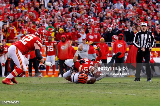 Patrick Mahomes of the Kansas City Chiefs fumbles the ball against the Cincinnati Bengals during the fourth quarter in the AFC Championship Game at...