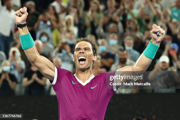 Rafael Nadal of Spain celebrates match point in his Men’s Singles Final match against Daniil Medvedev of Russia during day 14 of the 2022 Australian...