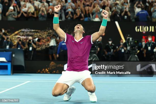 Rafael Nadal of Spain celebrates match point in his Men’s Singles Final match against Daniil Medvedev of Russia during day 14 of the 2022 Australian...