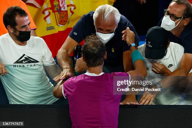 Rafael Nadal of Spain greets his father Sebastian Nadal in his players box after winning in his Men’s Singles Final match against Daniil Medvedev of...