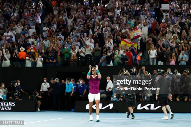 Rafael Nadal of Spain celebrates match point in his Men’s Singles Final match against Daniil Medvedev of Russia during day 14 of the 2022 Australian...