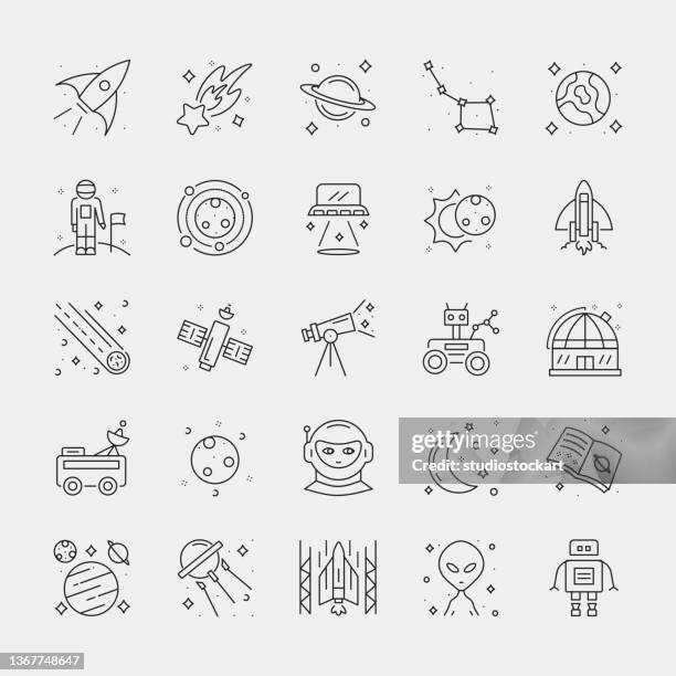 space - outline icon set. editable stroke - rocket landing stock illustrations