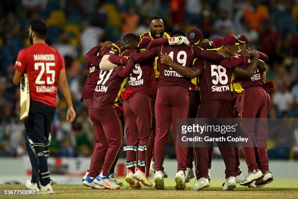 West Indies celebrate winning the 5th T20 International match between West Indies and England at Kensington Oval on January 30, 2022 in Bridgetown,...
