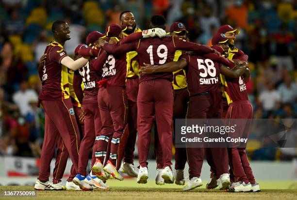 West Indies celebrate winning the 5th T20 International match between West Indies and England at Kensington Oval on January 30, 2022 in Bridgetown,...