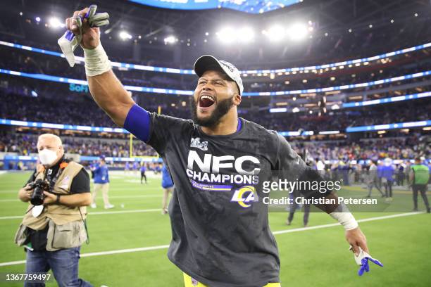 Aaron Donald of the Los Angeles Rams reacts after defeating the San Francisco 49ers in the NFC Championship Game at SoFi Stadium on January 30, 2022...