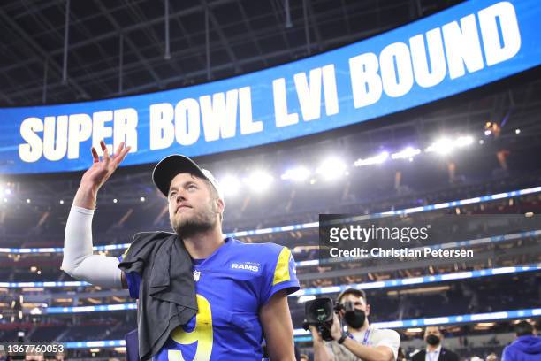 Matthew Stafford of the Los Angeles Rams reacts after defeating the San Francisco 49ers in the NFC Championship Game at SoFi Stadium on January 30,...