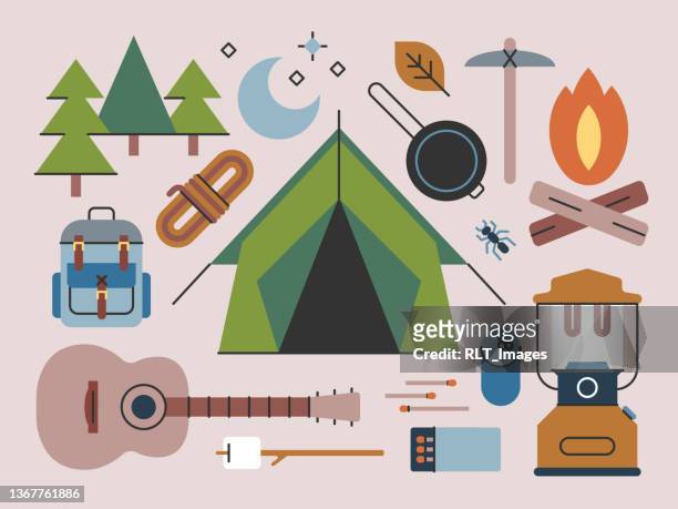 camping & outdoor recreation – brightline serie - gruppe von gegenständen stock-grafiken, -clipart, -cartoons und -symbole