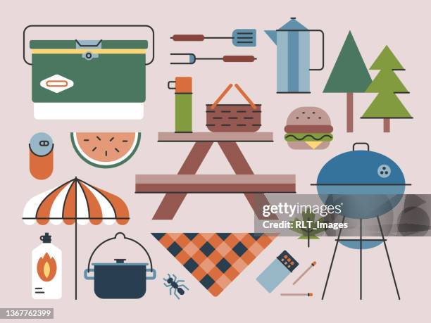 ilustraciones, imágenes clip art, dibujos animados e iconos de stock de picnic & cookout—serie brightline - nevera de playa
