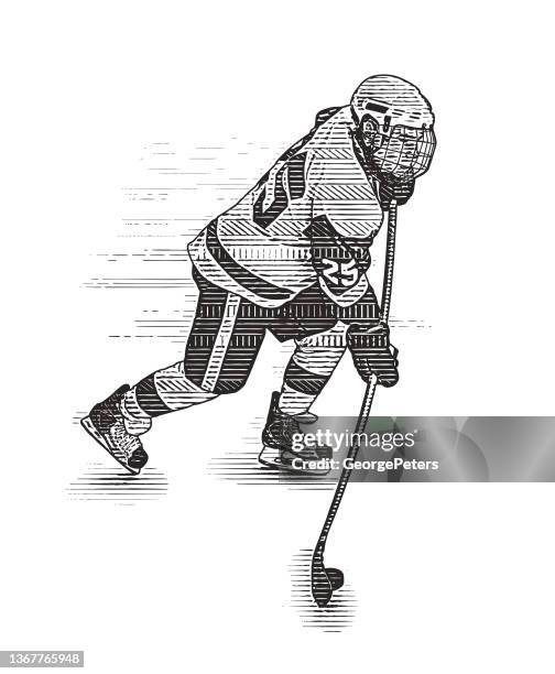 ice hockey player skating and shooting the puck - hockey puck white background stock illustrations