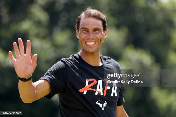 Rafael Nadal of Spain waves during a media opportunity after winning last nights 2022 Australian Open Men's Singles Final, at Government House on...