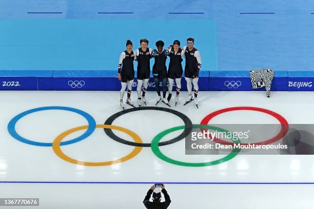 Brittany Bowe, Austin Kleba, Erin Jackson, Kimi Goetz and Joey Manta of USA pose during a training session at the National Speed Skating Oval before...