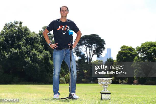 Rafael Nadal of Spain speaks to media with the Norman Brookes Challenge Cup after winning last nights 2022 Australian Open Men's Singles Final, at...